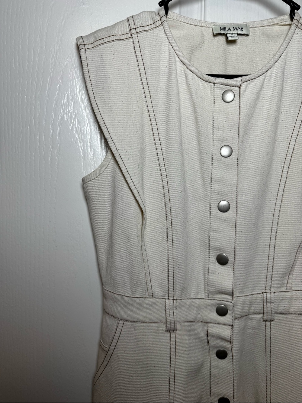 Mila Mae Beige Cotton Denim Button Front Mini Dress Cream Sleeveless Size S - Picture 7 of 9